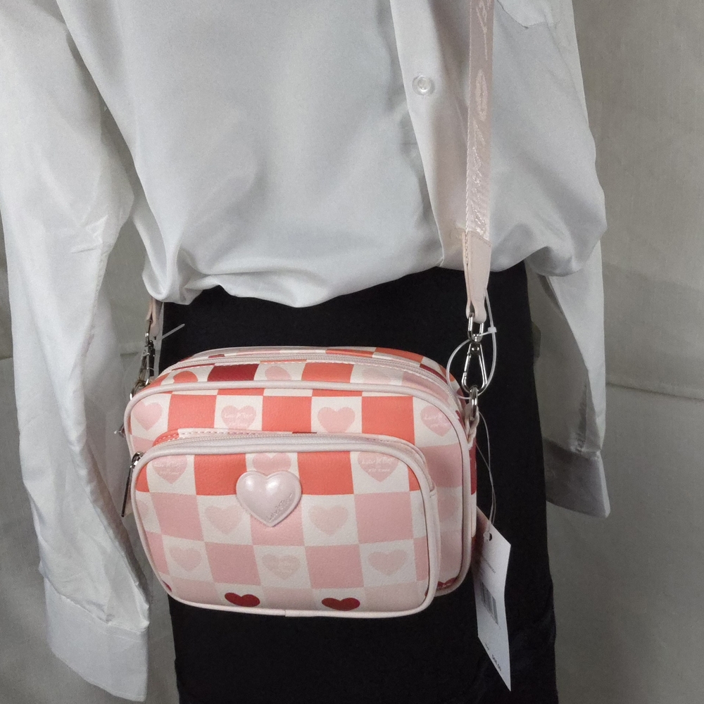 Betsey Johnson Pink Checkered Crossbody Bag with Chain Strap